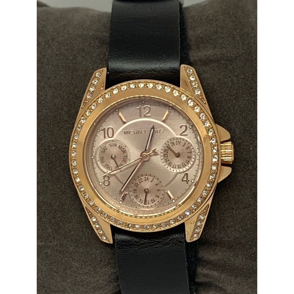 Michael Kors MK6175 Women's Black Leather Analog Rose Gold Dial Wrist Watch W373